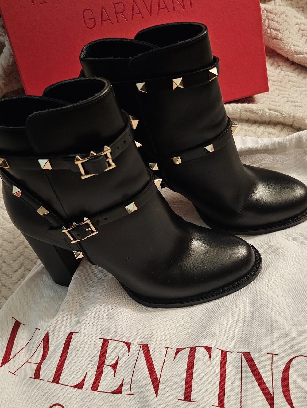 Valentino Black Leather Rockstud Buckle Ankle Boots Size 37.5